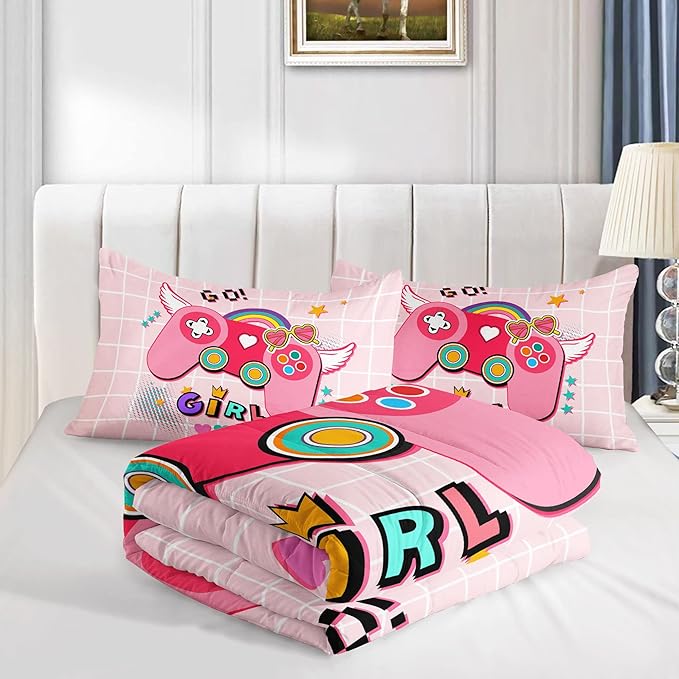 Bedding Comforter Set Pink Gamepad Printed Pattern Quilt with 1 and 2 Pillowcases for Girls Bedroom All Season(Pink Twin) Twin 68x86inches