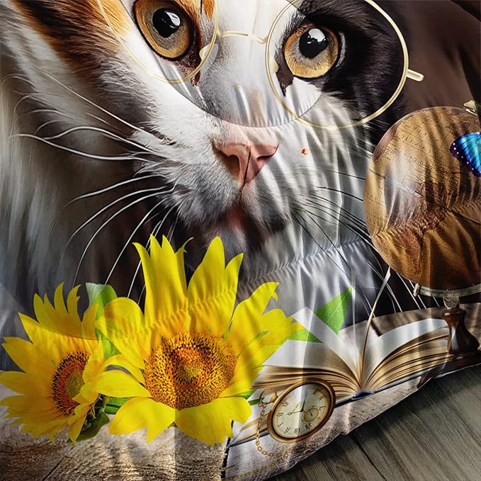 AILONEN Glasses Cat Print Bedding Set Twin Size with Sunflowers Vintage Items Books Comforter Set for Boys Girls,Retro Wooden Style Soft Breathable Duvet Set 3 Pieces, 1 Quilt and 2 Pillowcases