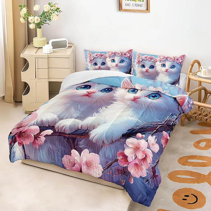 AILONEN Kids Cute Cat Bedding Full Size,Beautiful Fairy Cat Girls Comforter Set,Pink Flower Cat Comforter Set,Kawaii Cat Duvet,1 Comforter with 2 Pillowcases,3 Pieces