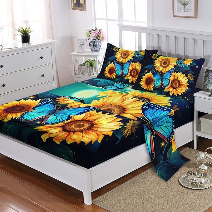 Yellow Sunflower Sheet Twin 4Pcs Blue Butterfly Floral Botanical Pattern Bedding Set for Kid Teen Girl Boy Romantic Starlight Bed Decor Set with 1 Flat Sheet and 1 Fitted Sheet+2 Pillowcases