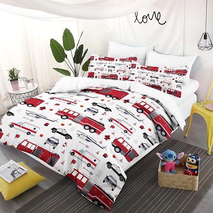 Yasida 3Pcs Queen Fire Truck Comforter Bedding for Kids, Police Car Firemen Car Vehicle Helicopter Fitted Sheets for Boys and Girls Bedding Set(1Comforter+ 2 Pillowcases)