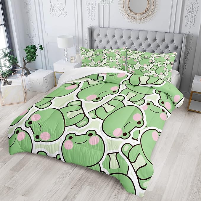 AILONEN Frog Comforter Set, Cartoon Frog Bed in a Bag Bedding Set Full Size,Quilted Duvet for Teens Boys Kids Girls,1 Comforter 2 Pillowcases 3 Piece