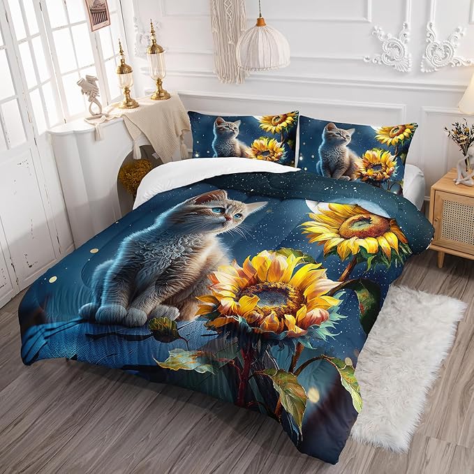 AILONEN Cute Comforter Set, Twin Size, 3D Starry Moon, Kawaii Cat Duvet Set, 3 Pieces - 1 Quilt and 2 Pillowcases