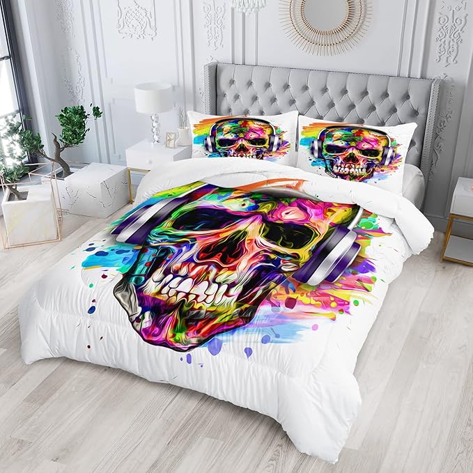 AILONEN Skull Comforter Set for Teens Boys Kids, Skull Pattern Printed Bedding Set Queen Size,Superior Duvet Ultra Soft,Skeleton Theme Quilt,3 Piece 1 Comforter and 2 Pillowcases,Microfiber Fabric