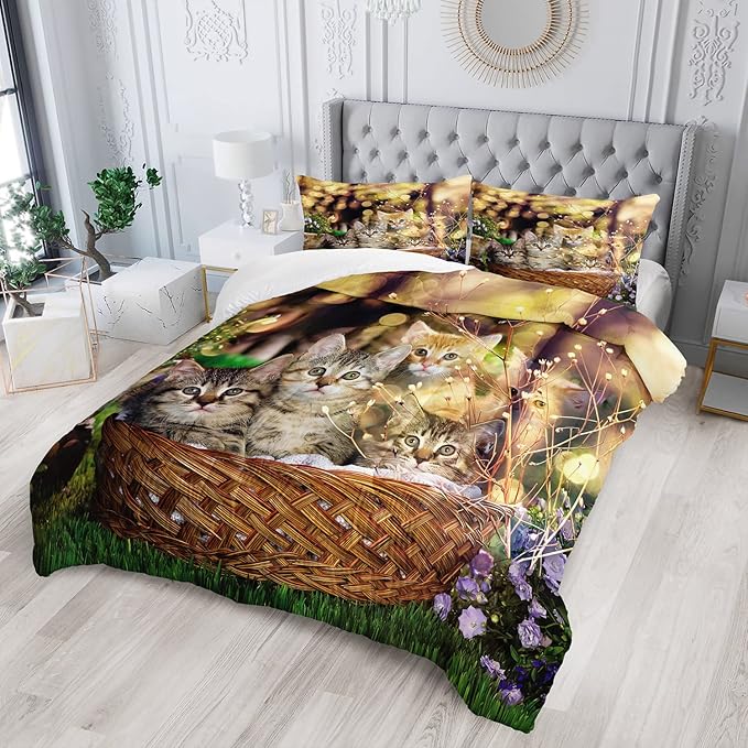 AILONEN Cat Comforter Set for Kids & Teens, 3D Printed Animal Bedding Set, Twin Size, Easy Care, 1 Comforter 2 Pillowcases