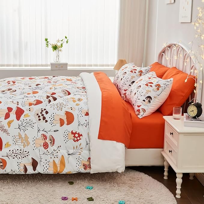 7 Piece Mushroom Comforter Set Twin Size,Plant Wild Mushroom Comforter with Sheet Set Bed in A Bag for Kids Boys Girls,Twin(1 Comforter, 1 Flat Sheet, 1 Fitted Sheet, 4 Pillowcases)