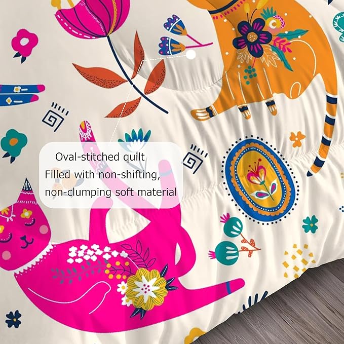 Cat Comforter Set Queen: Cute Floral Cats Queen Bedding Sets for Girls Kids Teens Women Cartoon Flowers Kawaii Animals Print Quilt Duvet Bed Set with 1 Comforter & 2 Pillowcases