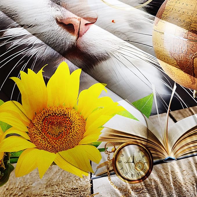 AILONEN Glasses Cat Print Bedding Set Queen Size with Sunflowers Vintage Items Books Comforter Set for Boys Girls,Retro Wooden Style Soft Breathable Duvet Set 3 Pieces, 1 Quilt and 2 Pillowcases
