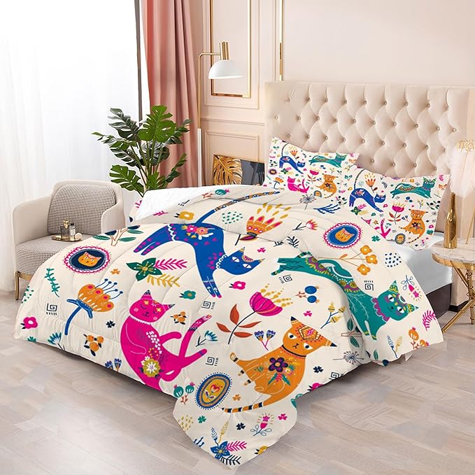 Cat Comforter Set Queen: Cute Floral Cats Queen Bedding Sets for Girls Kids Teens Women Cartoon Flowers Kawaii Animals Print Quilt Duvet Bed Set with 1 Comforter & 2 Pillowcases