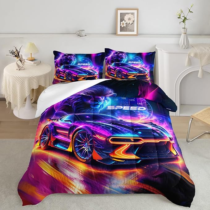 AILONEN Boys Kids Racing Car Bedding Set Queen Size,Neon Speed Car & Lion Comforter with 2 Pillowcases,3 Pieces Soft Lightweight Racer Duvet Set