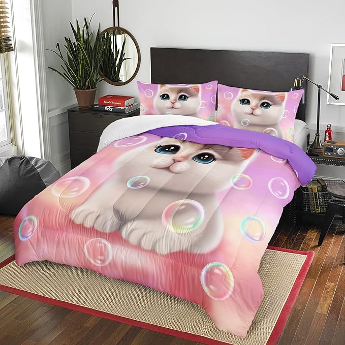 AILONEN Kawaii Cat Comforter Set Twin Size, Bubble Lovely Hairy Cat Bedding for Kids Girl and Toddler,Soft and Lightweight 3Pcs (1 Comforter + 2 Pillowcases) Pink
