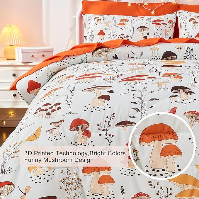7 Piece Mushroom Comforter Set Twin Size,Plant Wild Mushroom Comforter with Sheet Set Bed in A Bag for Kids Boys Girls,Twin(1 Comforter, 1 Flat Sheet, 1 Fitted Sheet, 4 Pillowcases)