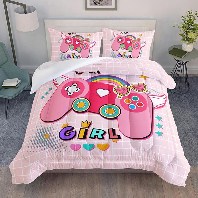 Bedding Comforter Set Pink Gamepad Printed Pattern Quilt with 1 and 2 Pillowcases for Girls Bedroom All Season(Pink Twin) Twin 68x86inches
