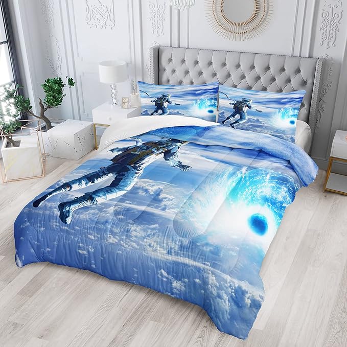 AILONEN Astronaut Comforter Set for Teens Boys Kids Girls, Space Astronaut Bedding Set Twin Size,Outer Space Themed Quilted Duvet Bed Set,Planet Quilt,1 Comforter 2 Pillowcases 3 Piece