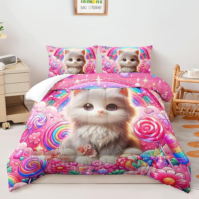 AILONEN Cute Cat Kitten Kids Comforter Set Twin Size,Rainbow Bedding Set,Fairy Butterfly Cartoon Pink Comforter with 2 Pillowcases,Teen Girls Kawaii Comforter Set 3 Pieces