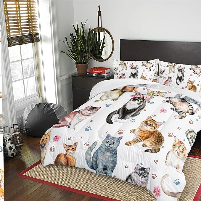 AILONEN Watercolor Cat Print Bedding Set Twin Size with Cats and Footprints Comforter Set for Boys Girls,Group of Cute Cats Soft Breathable White Tint Duvet Set 3 Pieces, 1 Quilt and 2 Pillowcases