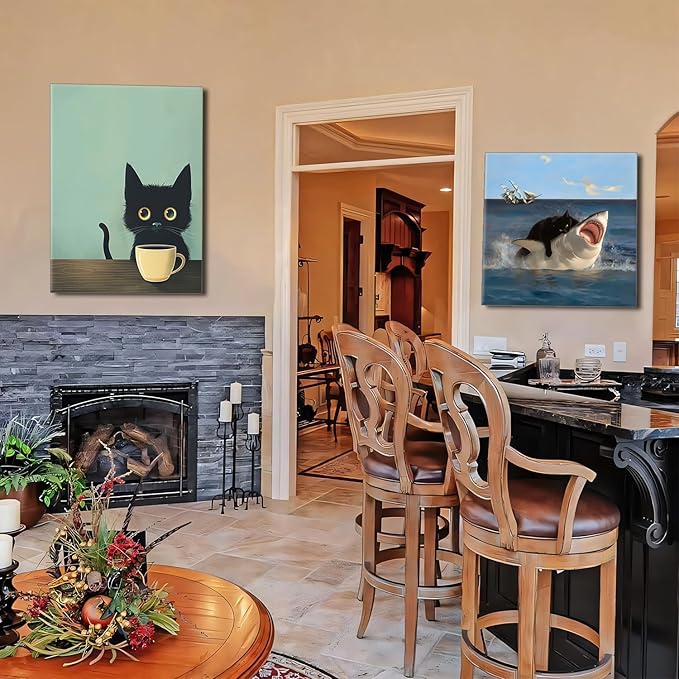Yaneiro Framed Fun Black Cat Wall Art Abstract Drinking Coffee Picture Cute Retro Black Cat Wall Decor Canvas Poster Print Suitable for Cafe Bar Living Room Restaurant Bedroom 12x16in