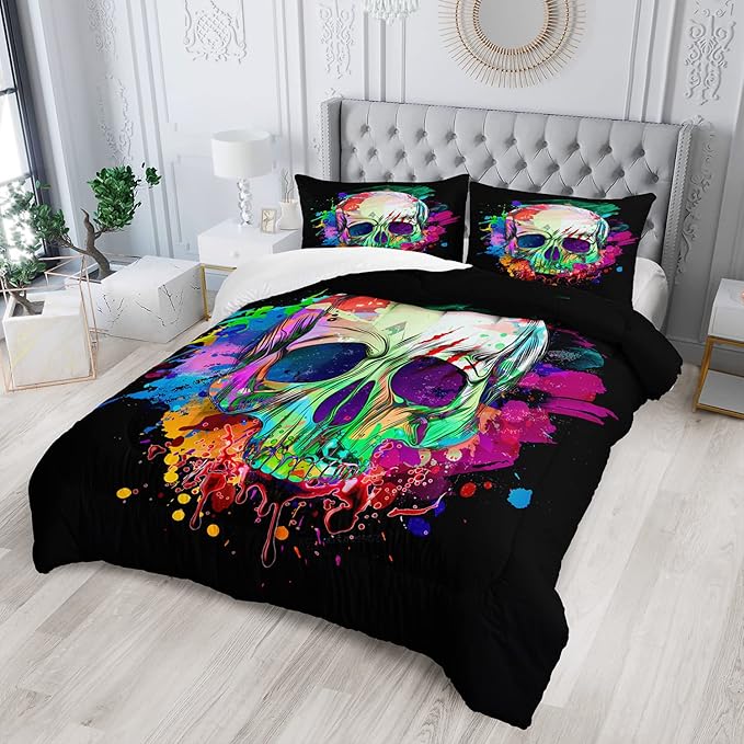AILONEN Skull Comforter Set for Teen Boys, Skull Pattern Printed Bedding Sets,Skeleton Theme Bed in a Bag Quilted Duvet Queen Size,1 Comforter 2 Pillowcases 3 Piece