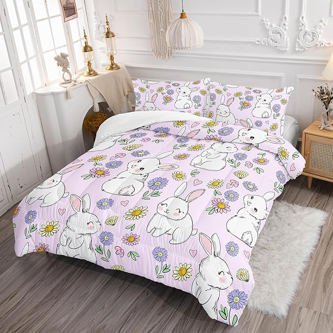 AILONEN Rabbit Comforter Set Twin Size, Cute Bunny Bedding Set,Girls Kids Kawaii Comforter Set,Colorful Daisy Floral Duvet Set 3 Pieces, 1 Quilt and 2 Pillowcases