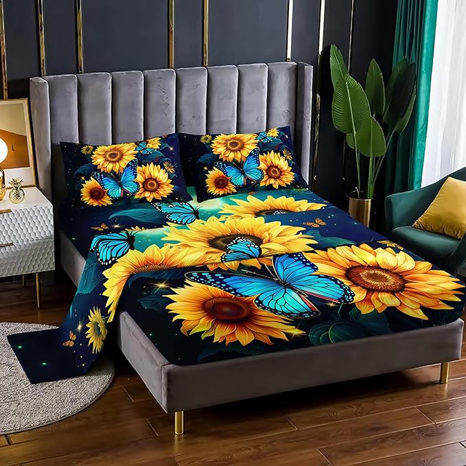 Yellow Sunflower Sheet Twin 4Pcs Blue Butterfly Floral Botanical Pattern Bedding Set for Kid Teen Girl Boy Romantic Starlight Bed Decor Set with 1 Flat Sheet and 1 Fitted Sheet+2 Pillowcases