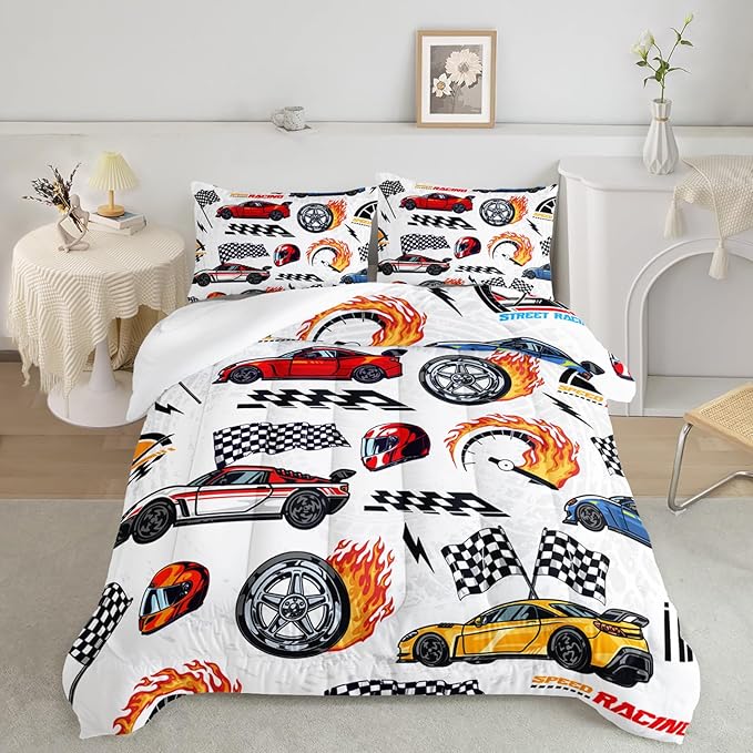AILONEN Kids Racing Car Comforter Set Queen Size,Vehicles Construction Truck Bedding Set for Boys Teen,3 Piece Soft Duvet with 2 Pillowcases
