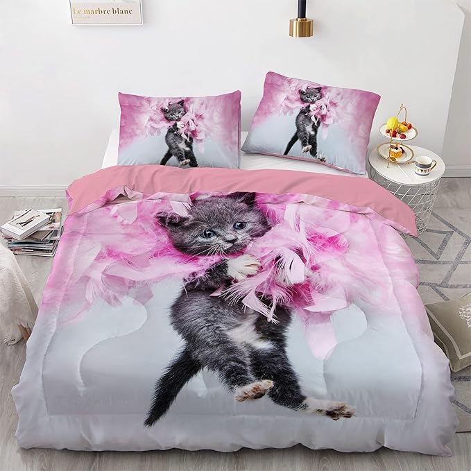 Yasida Cat Comforter Set Queen Size for Kids Pink Feathers Black Cat 3Pcs Bedding Set for Boys and Girls (1Comforter+ 2 Pillowcases) Lovely Animal Pets Comforter Set