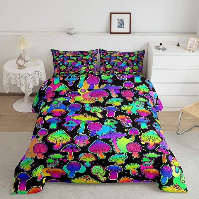 Erosebridal Mushroom Comforter Set Queen Cute Mushroom Comforter for Kids Girls Boys Trippy Cartoon Tie Dye Bedding Sets Teal Purple Neon Ombre Down Comforter Wild Colorful Botanical Quilt Set