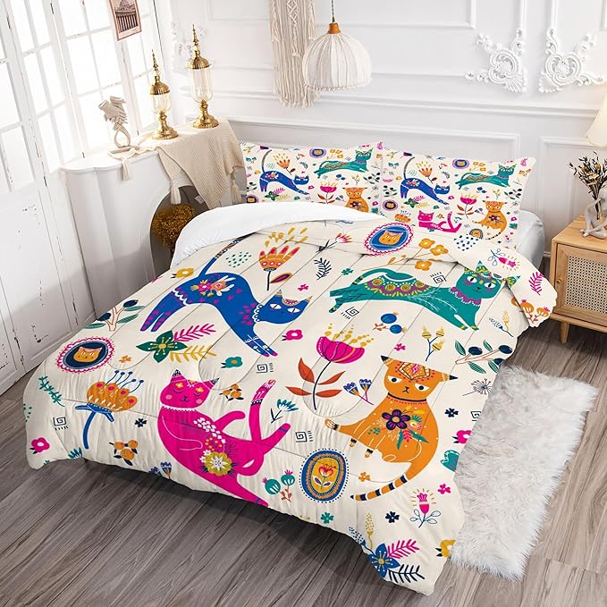 Cat Comforter Set Queen: Cute Floral Cats Queen Bedding Sets for Girls Kids Teens Women Cartoon Flowers Kawaii Animals Print Quilt Duvet Bed Set with 1 Comforter & 2 Pillowcases