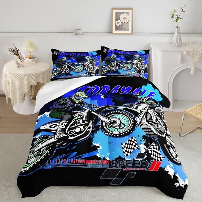 AILONEN Extreme Sport Dirt Bike Bedding Set for Kids Boys Men, Full Size Blue Black Motocross Comforter with 2 Pillowcases,3 Pieces