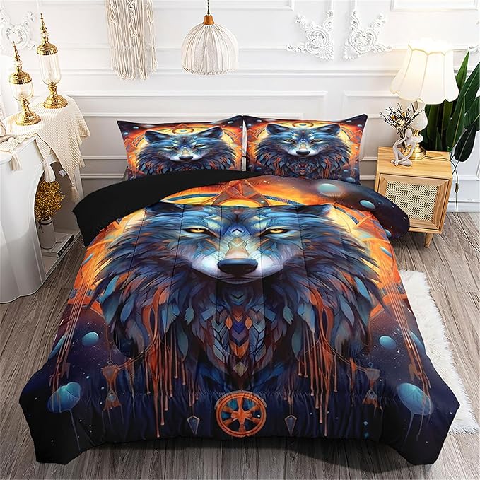 Dream Catcher Wolf Comforter Set Queen Size Galaxy Wolf Bedding Set 3 Pieces with 1 Comforter 2 Pillowcases for Teens Kids Girls Adults Room Decor All Season