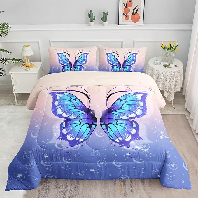Bedding Comforter Set Pink Purple Butterfly Printed Pattern Quilt with 1 and 2 Pillowcases for Girls Bedroom All Season(Butterfly Twin) Twin 68x86inches