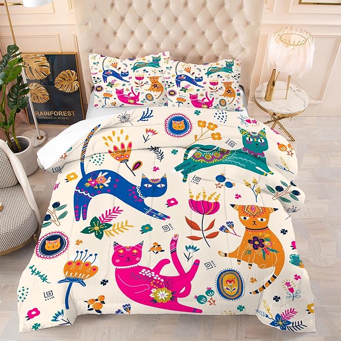 Cat Comforter Set Queen: Cute Floral Cats Queen Bedding Sets for Girls Kids Teens Women Cartoon Flowers Kawaii Animals Print Quilt Duvet Bed Set with 1 Comforter & 2 Pillowcases