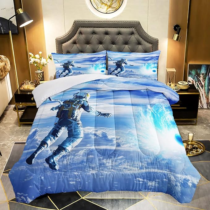 AILONEN Astronaut Comforter Set for Teens Boys Kids Girls, Space Astronaut Bedding Set Twin Size,Outer Space Themed Quilted Duvet Bed Set,Planet Quilt,1 Comforter 2 Pillowcases 3 Piece
