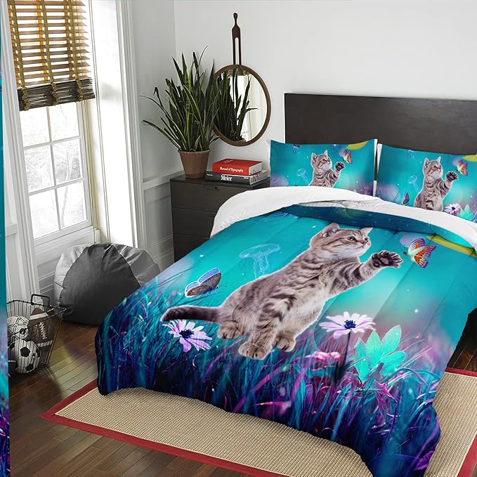 AILONEN Cat Bedding Set Full Size with Girl Sitting on The Moon and Jellyfish Comforter Set for Kids Boys Girls,Dreamy Starry Soft Breathable Duvet Set 3 Pieces, 1 Quilt and 2 Pillowcases