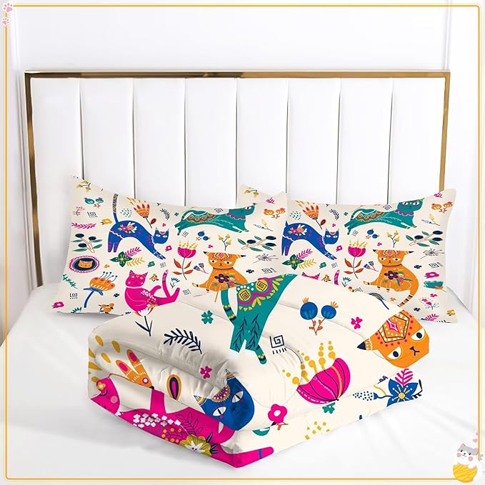 Cat Comforter Set Queen: Cute Floral Cats Queen Bedding Sets for Girls Kids Teens Women Cartoon Flowers Kawaii Animals Print Quilt Duvet Bed Set with 1 Comforter & 2 Pillowcases