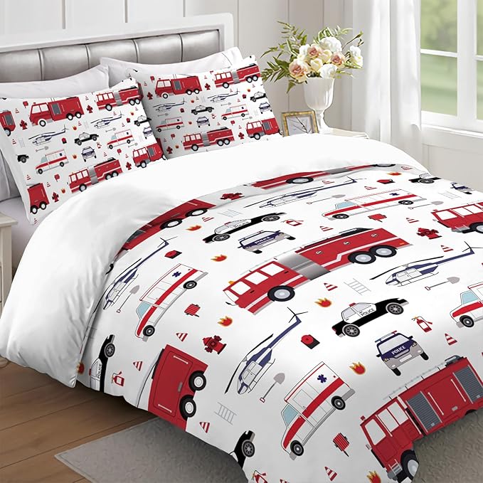 Yasida 3Pcs Queen Fire Truck Comforter Bedding for Kids, Police Car Firemen Car Vehicle Helicopter Fitted Sheets for Boys and Girls Bedding Set(1Comforter+ 2 Pillowcases)