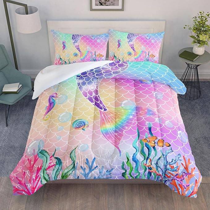 Bedding Comforter Set Rainbow Pink Mermaid Tail Printed Pattern Quilt with 1 and 2 Pillowcases for Girls Bedroom All Season(Rainbow Twin) Twin 68x86inches