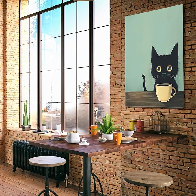 Yaneiro Framed Fun Black Cat Wall Art Abstract Drinking Coffee Picture Cute Retro Black Cat Wall Decor Canvas Poster Print Suitable for Cafe Bar Living Room Restaurant Bedroom 12x16in