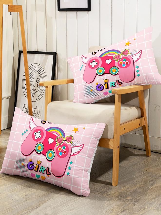 Bedding Comforter Set Pink Gamepad Printed Pattern Quilt with 1 and 2 Pillowcases for Girls Bedroom All Season(Pink Twin) Twin 68x86inches