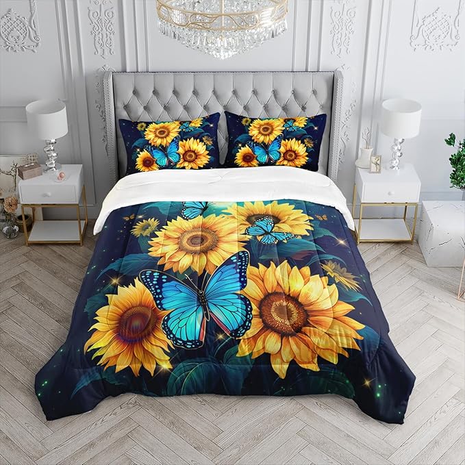 Yellow Sunflower Bedding Blue Butterfly Comforter 3Pcs Full Black Floral Botanical Pattern Quilt Set for Kid Teen Girl Boy Romantic Starlight Bed Decor Set with 1 Comforter and 2 Pillowcases