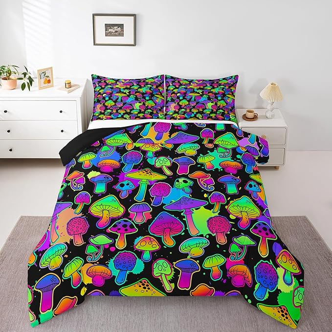 Erosebridal Mushroom Comforter Set Queen Cute Mushroom Comforter for Kids Girls Boys Trippy Cartoon Tie Dye Bedding Sets Teal Purple Neon Ombre Down Comforter Wild Colorful Botanical Quilt Set