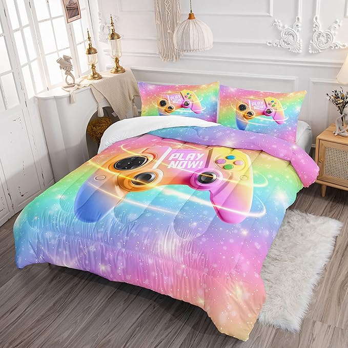 Bedding Comforter Set Rainbow Gamepad Printed Pattern Quilt with 1 and 2 Pillowcases for Girls Bedroom All Season(Rainbow Full) Full 80x90inches