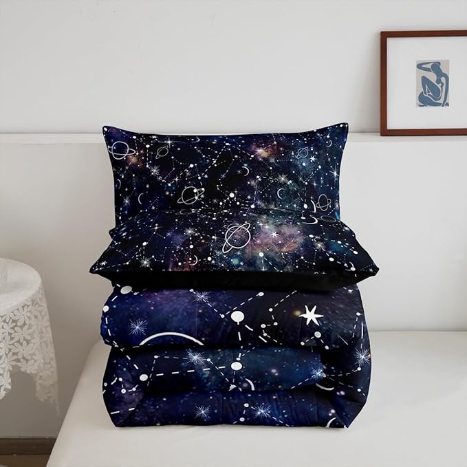 Erosebridal Starry Sky Comforter Set Full Size Constellation Bedding Set Galaxy Sun Moon Down Comforter Purple Universe Print Bedroom Decor Quilt Set for Kid Men Women