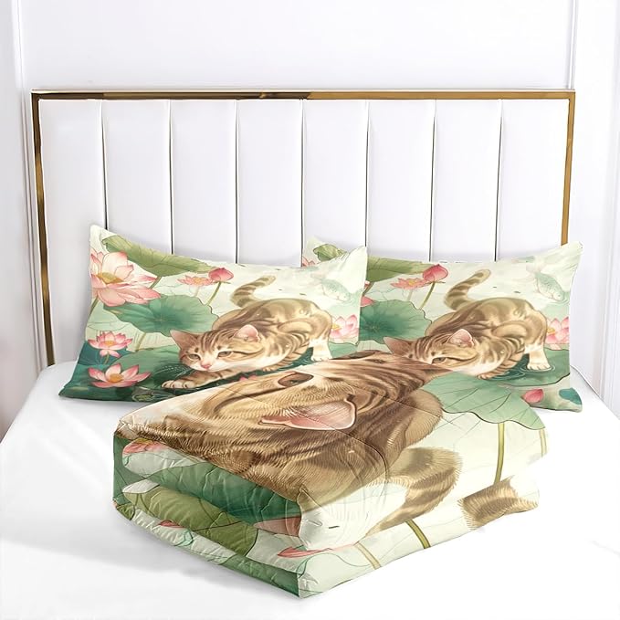 Aesthetic Summer Painting Comforter Set Queen Size Kids Rustic Floral Bedding Set with Kawaii Kitten Comforter Modern Bedroom Decor Bedding Set