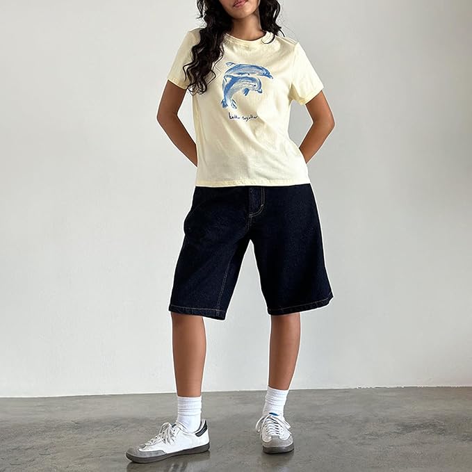 Y2k Womens Graphic Baby Tee Slim Fit Short Sleeve Crop Tops Funny Letter Animal Print Shirts 90s 2000s Streetwear