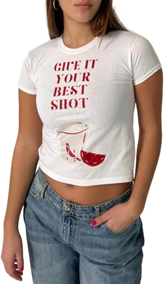 Y2k Womens Graphic Baby Tee Slim Fit Short Sleeve Crop Tops Funny Letter Animal Print Shirts 90s 2000s Streetwear