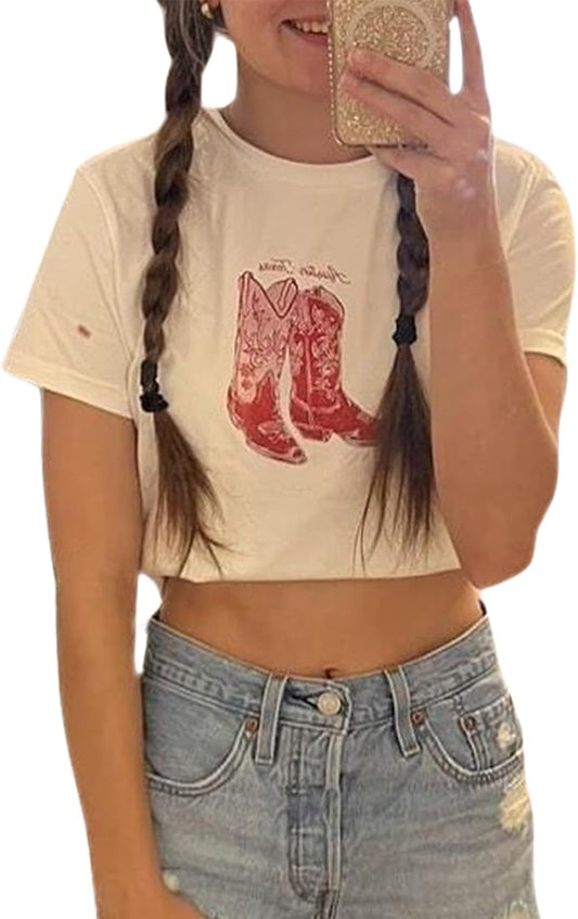 Y2k Womens Graphic Baby Tee Slim Fit Short Sleeve Crop Tops Funny Letter Animal Print Shirts 90s 2000s Streetwear