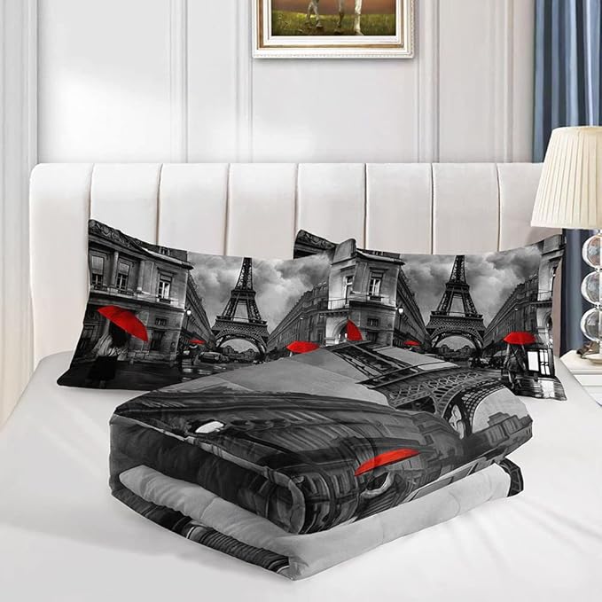 Bedding Comforter Set Paris Street Scenery Eiffel Tower Printed Pattern Quilt Bedding Set with 1 Comforter and 2 Pillowcases for Girls and Boys Bedroom All Season(Paris Queen)