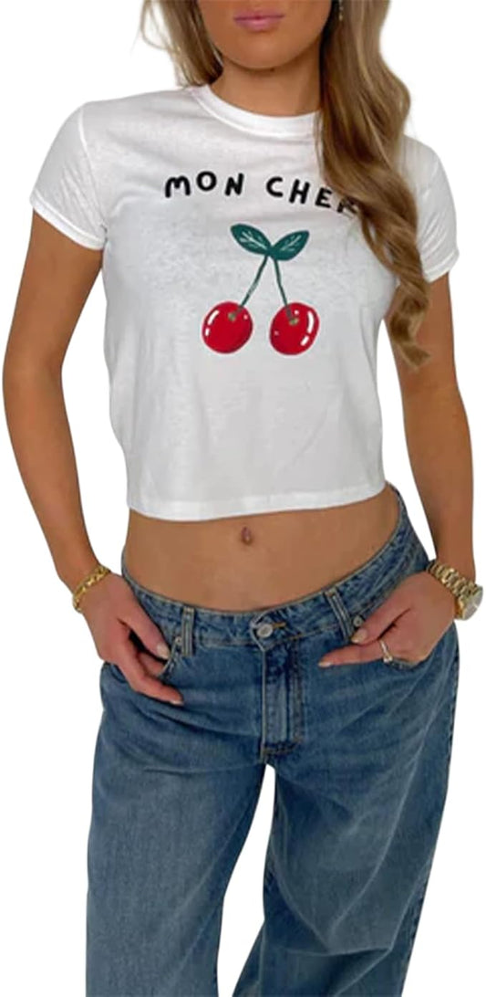 Y2k Womens Graphic Baby Tee Slim Fit Short Sleeve Crop Tops Funny Letter Animal Print Shirts 90s 2000s Streetwear