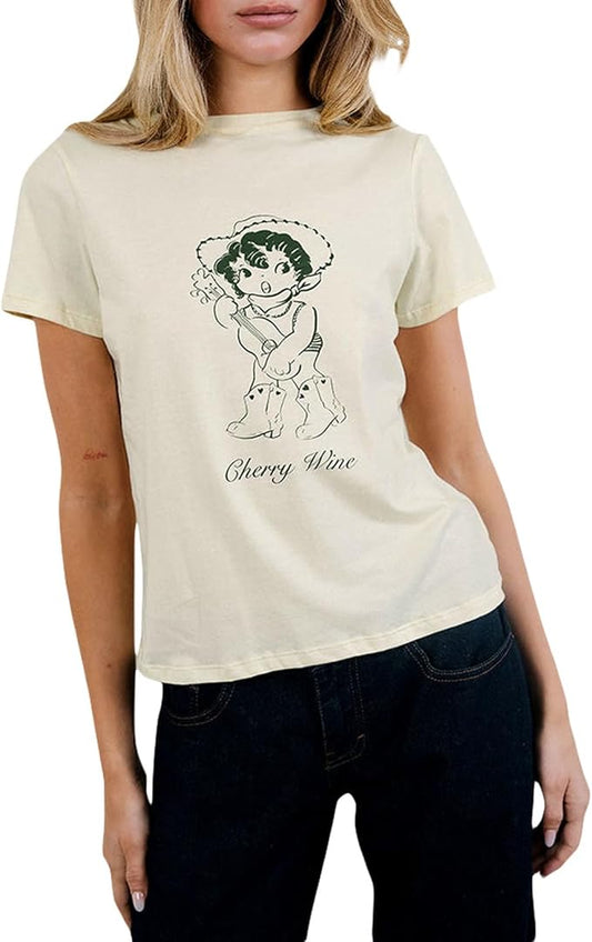 Y2k Womens Graphic Baby Tee Slim Fit Short Sleeve Crop Tops Funny Letter Animal Print Shirts 90s 2000s Streetwear